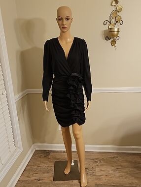 Express Black Long-Sleeve Ruffle Wrap Mini Dress